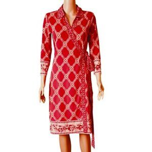 Pink & Orange Wrap Dress Lattice Print with Floral Trim 3/4 Sleeves. Stretch